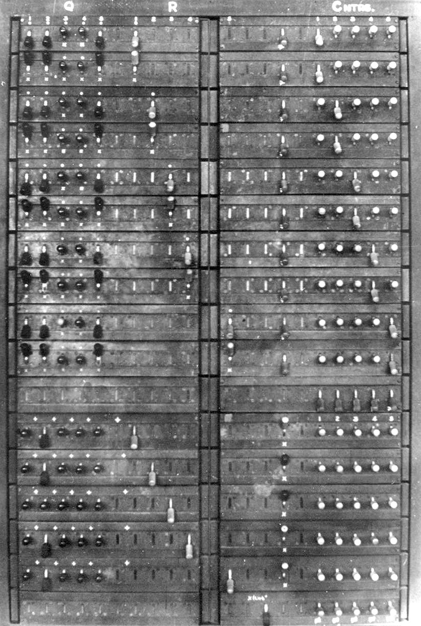 Figure 6 — Part of the Q switch panel of a wartime Colossus. Each row of switches set a condition on the impulses of the selected stream; the columns routed the result to one of the five counters. Setting up …