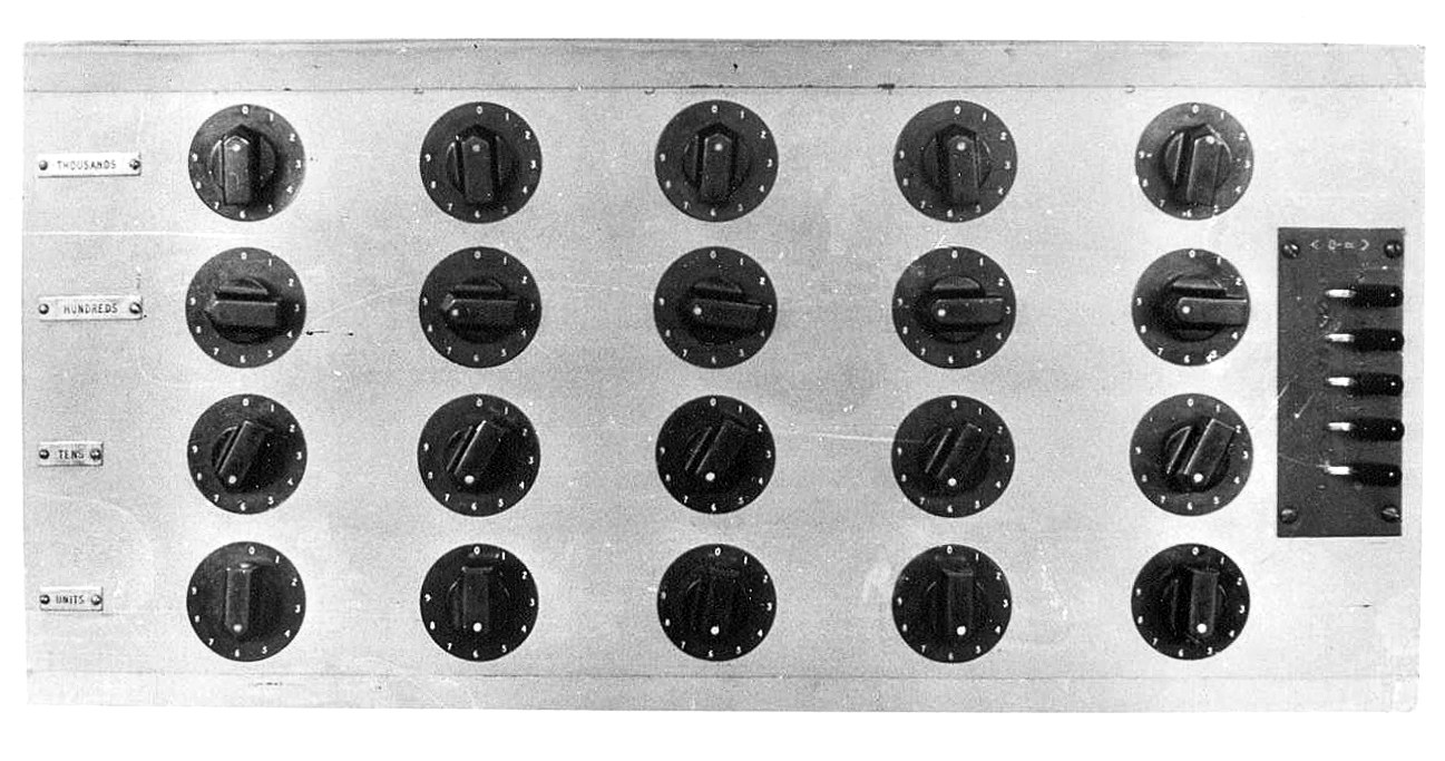 Figure 7 — The set-total switches of a wartime Colossus: one column of four decade switches (thousands, hundreds, tens, units) for each of the five counters. In this photograph every column is set to 976. A c…
