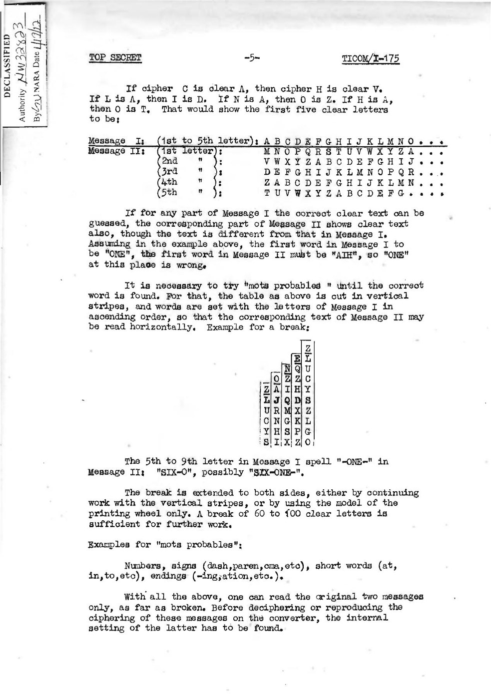 Figure 4 — Page 5 of Alfred Pokorny's 1945 report for TICOM: the depth table, the vertical strips on which probable words were set against one message so that the other could be read across, and the break "-O…