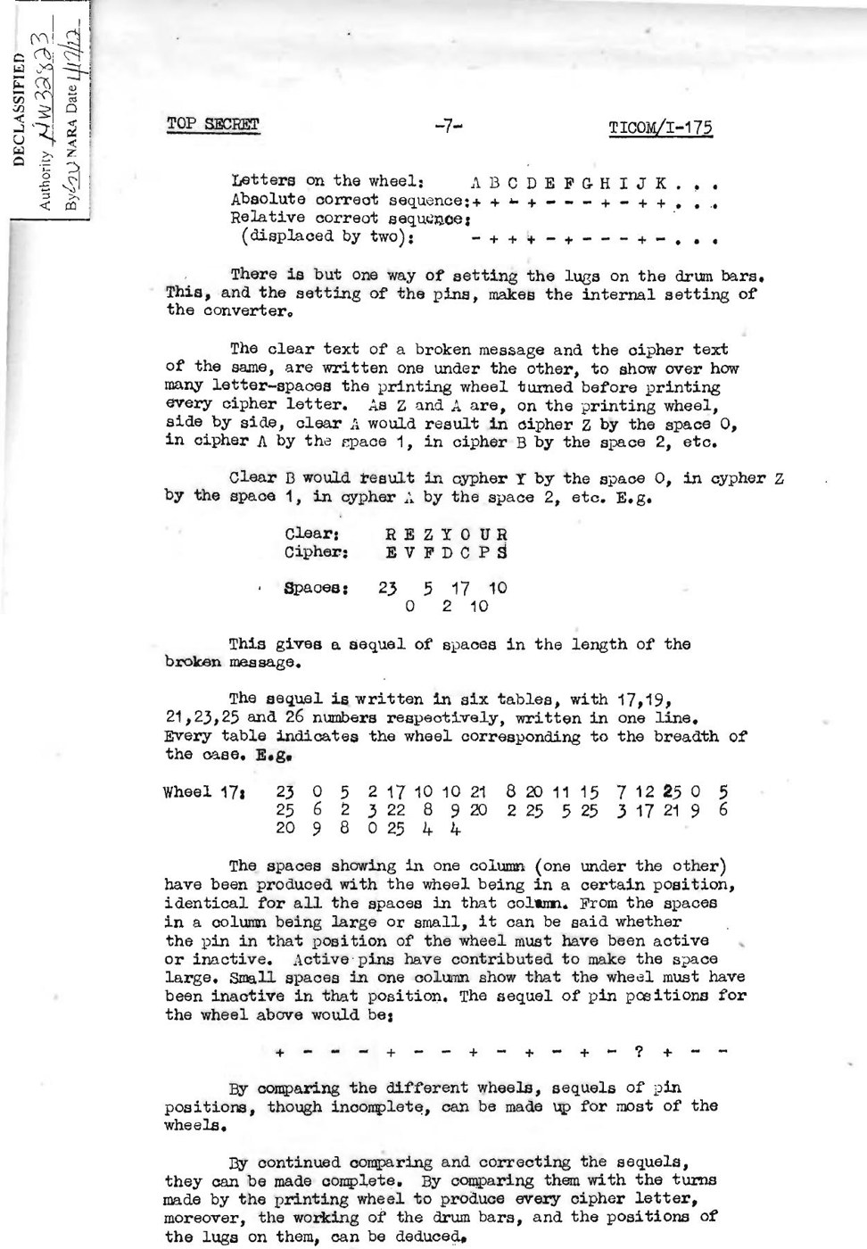 Figure 7 — Page 7 of Pokorny's report: the counts of a broken message written in a table 17 wide for the smallest wheel, and the pin pattern (+ − − − + …) read from the columns. "By continued comparing and co…