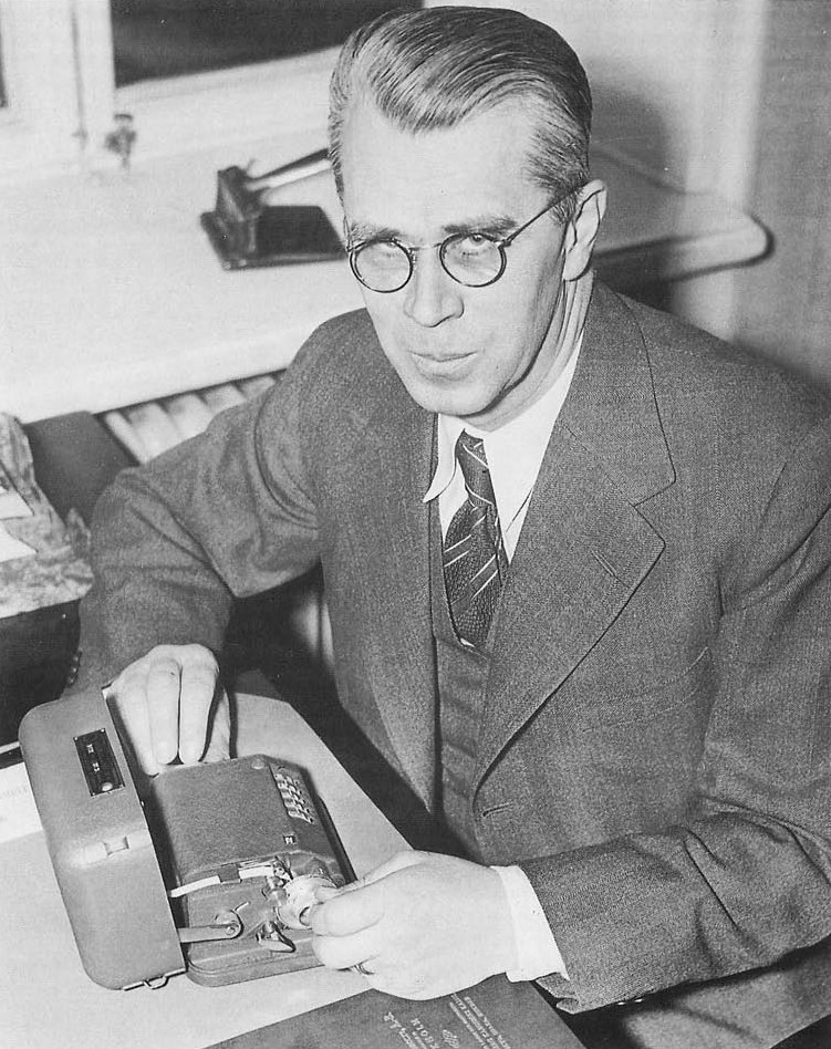 Figure 1 — Boris Hagelin (1892–1983) at the controls of one of his pin-and-lug "C-type" machines, photographed in the 1940s. The money from the American licence for this design made him, in David Kahn's phras…