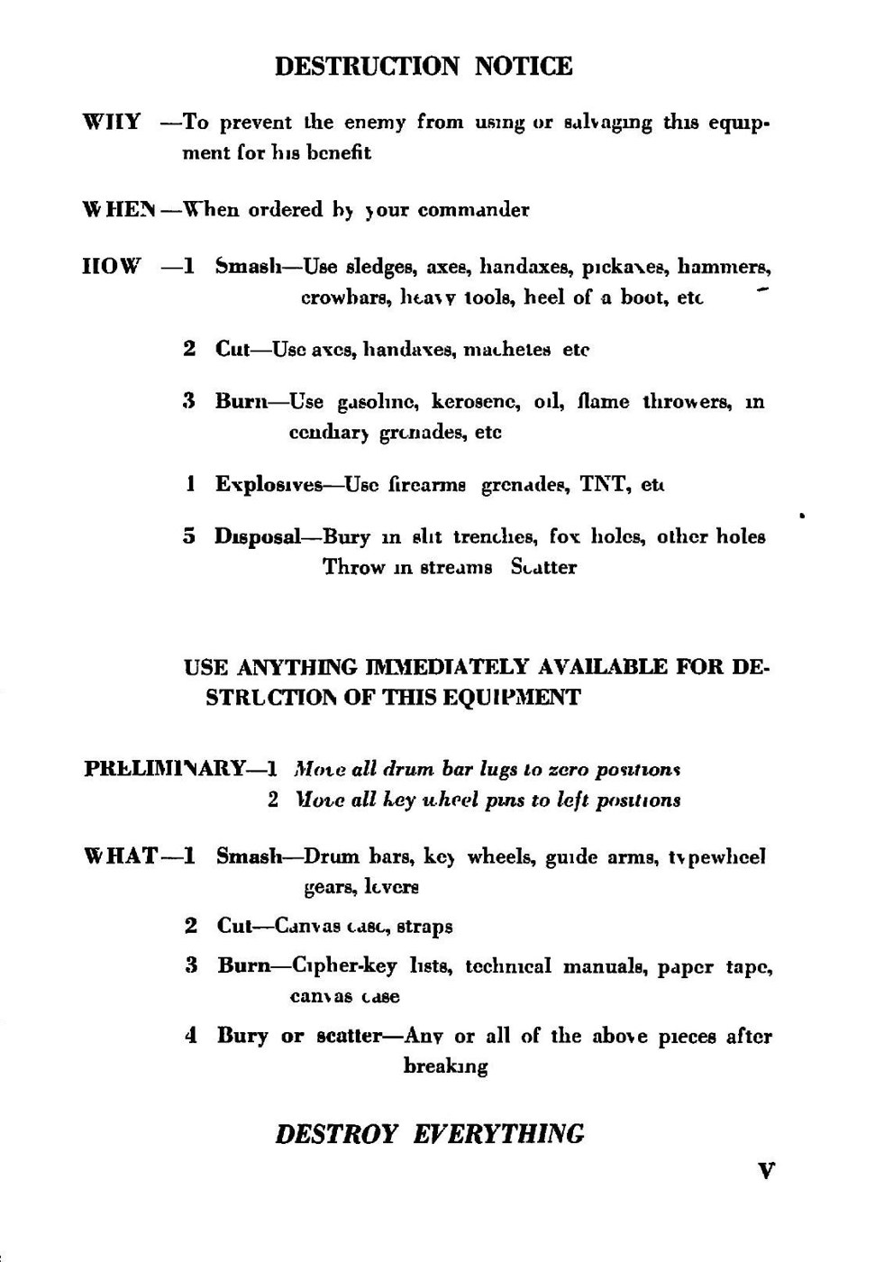 Figure 6 — The destruction notice printed at the front of the 1944 manual. "Preliminary" — zero the lugs and pins; then smash the drum bars, key wheels, guide arms and type wheel, cut the canvas, burn the key…