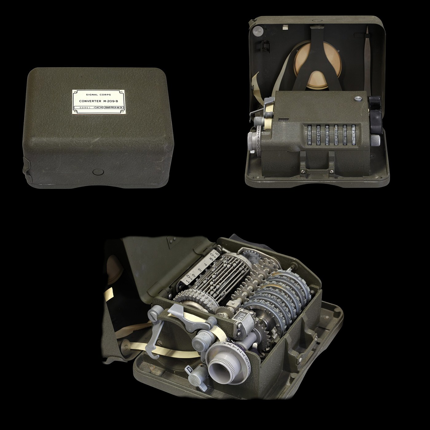 Figure 3 — A Converter M-209-B with its parts: the closed outer case with its Signal Corps nameplate (top left), the machine open for use with the tape spool in the lid (top right), and the mechanism with the…