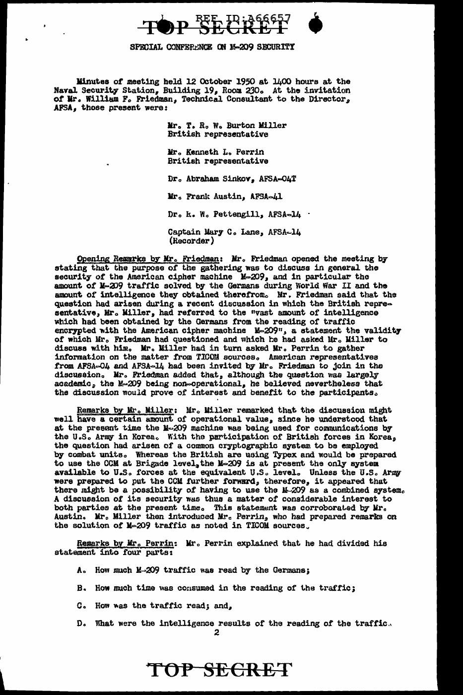 Figure 5 — The first page of the minutes of the "Special Conference on M-209 Security", held at Friedman's invitation on 12 October 1950. The British representative's remark about a "vast amount of intelligen…