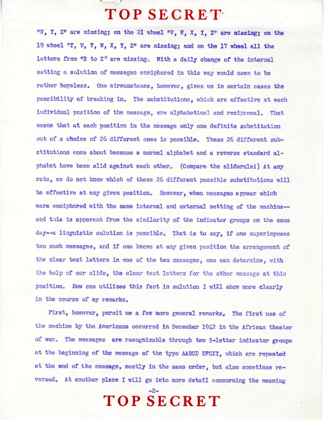 Figure 3 — A page of TICOM DF-120, the US Army Security Agency's 1948 translation of a wartime In 7/VI lecture on reading M-209 messages in depth. This page explains the reciprocal "slide" substitution and da…