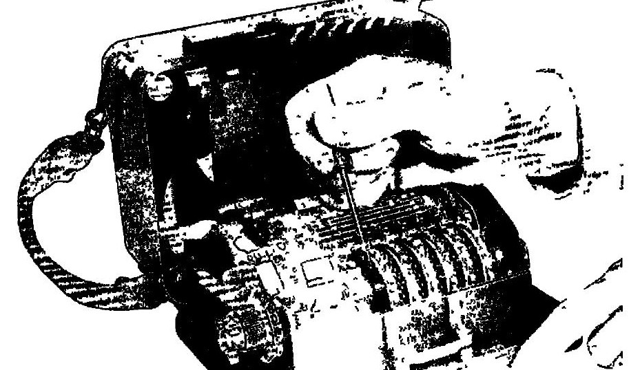Figure 3 — "Setting key wheel pins", figure 5 of the 1944 manual: the operator pushes each pin right or left with the point of the screwdriver kept in the lid, working from Table I of the key list. The replic…