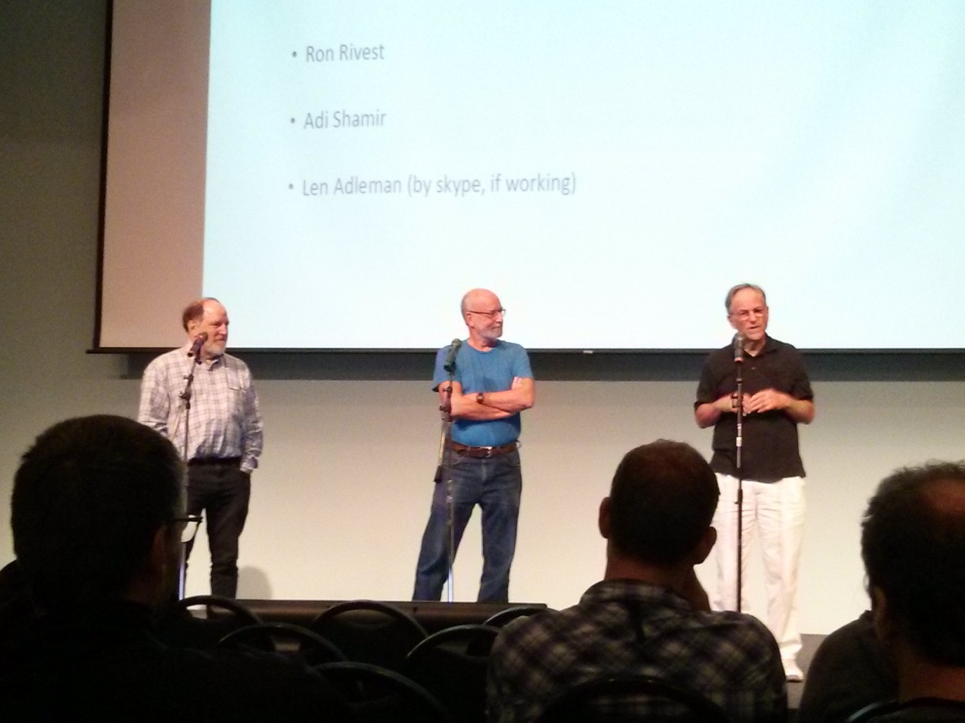 Figure 1 — Ron Rivest, Adi Shamir and Len Adleman together on stage at the CRYPTO 2017 conference, University of California, Santa Barbara, forty years after their 1977 memo. Shamir, in the middle, later desi…