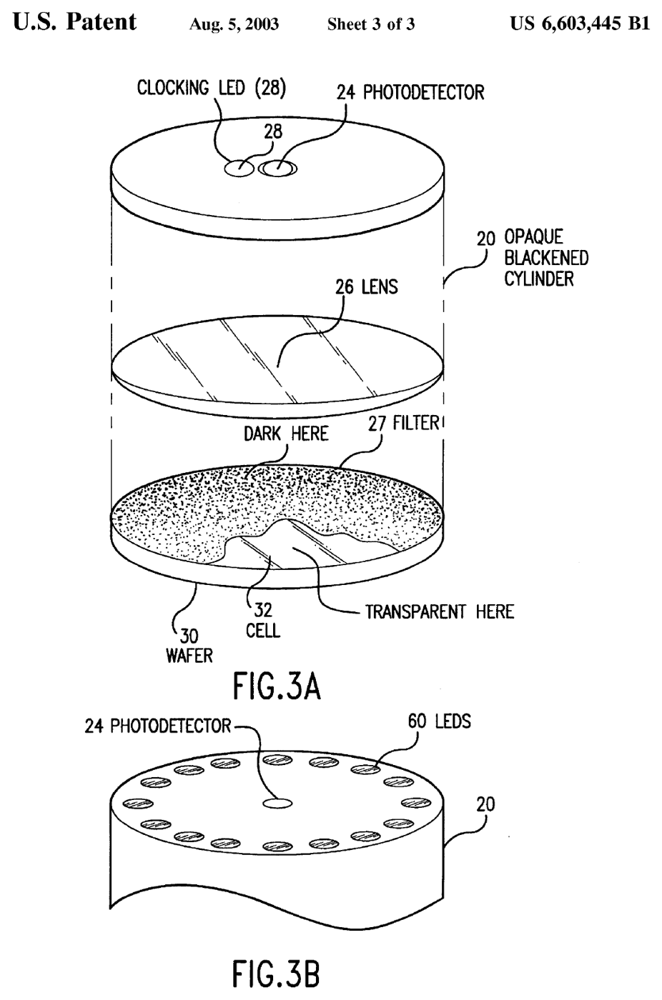Figure 7 — TWINKLE as drawn in Shamir's US patent 6,603,445 (filed 30 December 1999, granted 5 August 2003). An opaque blackened cylinder about 6 inches across holds a gallium arsenide wafer of cells at the b…
