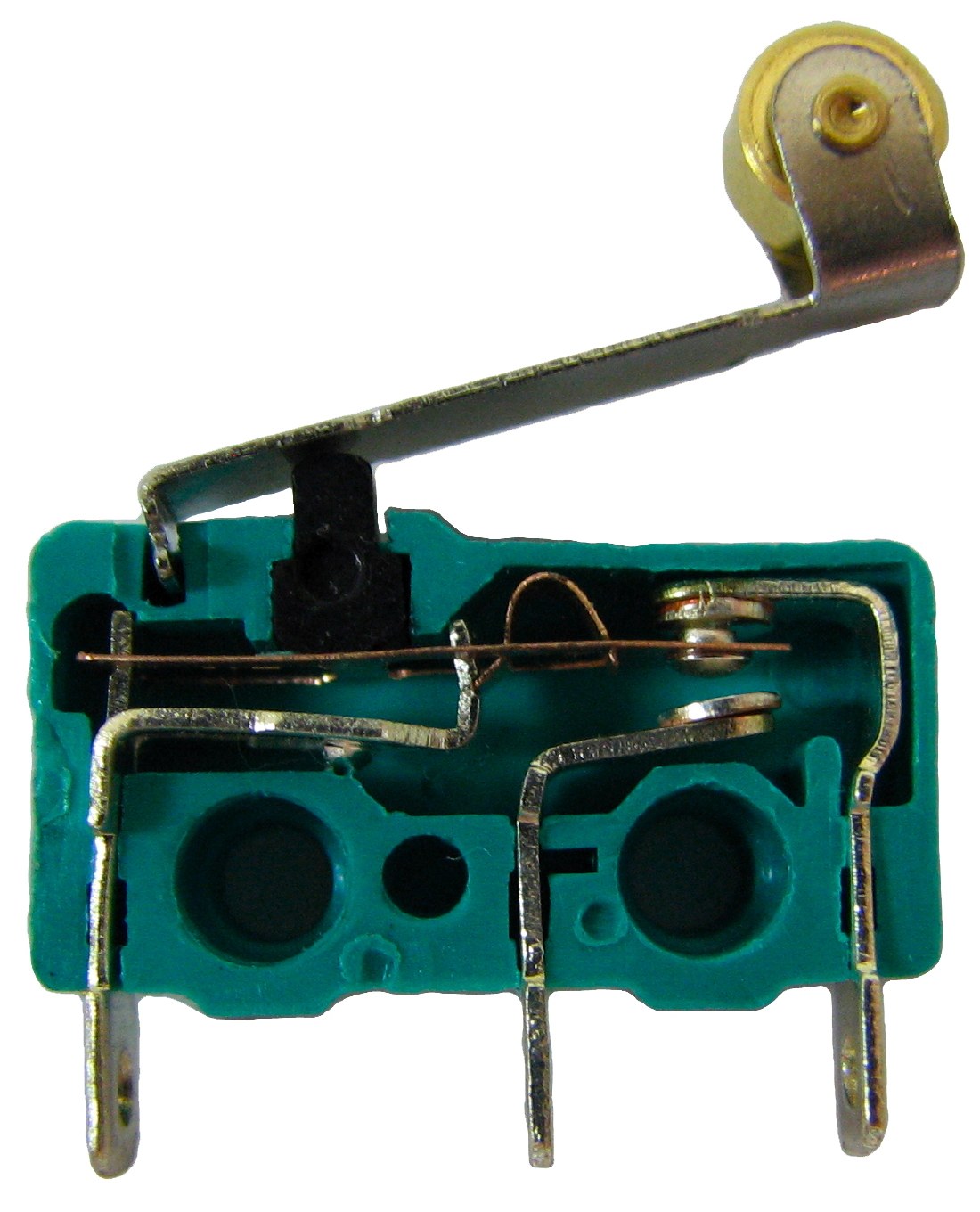 Figure 5 — Inside a roller-lever microswitch: the lever presses a plunger onto a snap-action spring, which flips the moving contact between the normally closed and normally open terminals. The snap makes the …