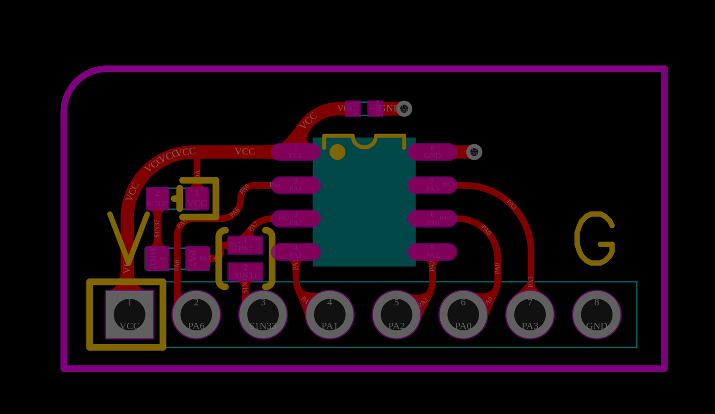 Figure 7 — The modulus card layout, top side: the ATtiny412 in the middle, LED and resistor at the left, the eight header pads along the bottom edge, and the rounded corner that shows orientation.