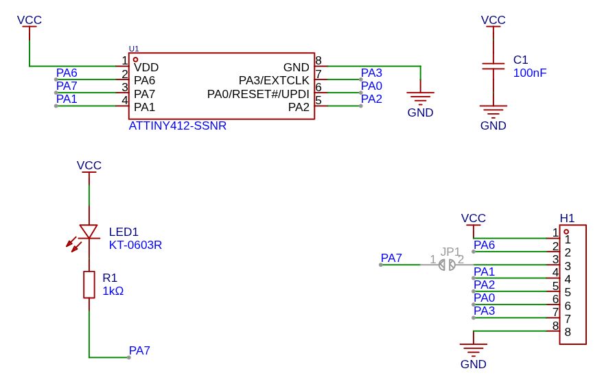 Figure 5 — The modulus card schematic: an ATtiny412, a 100 nF decoupling capacitor, an LED and 1 kΩ resistor on PA7, solder jumper JP1, and the 8-pin header H1 that carries VCC, REQ (PA6), PA7, SDA (PA1), SCL…