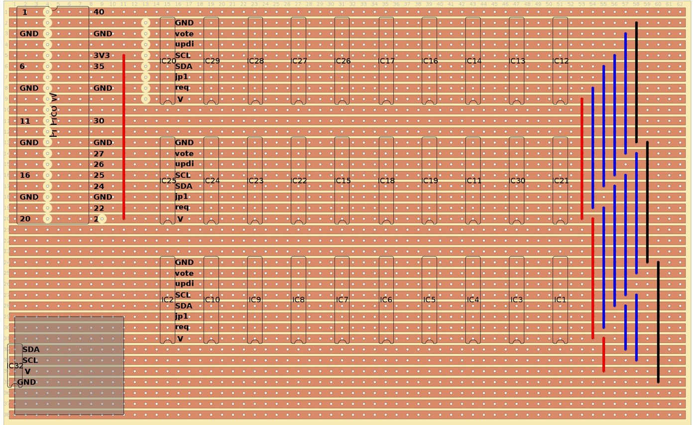Figure 12 — kbsriram's stripboard layout, drawn in DIYLC: the Pico at the left, three rows of ten card slots (IC1–IC30), the OLED (IC32) in the corner, and the wire jumpers at the right that join the signal st…