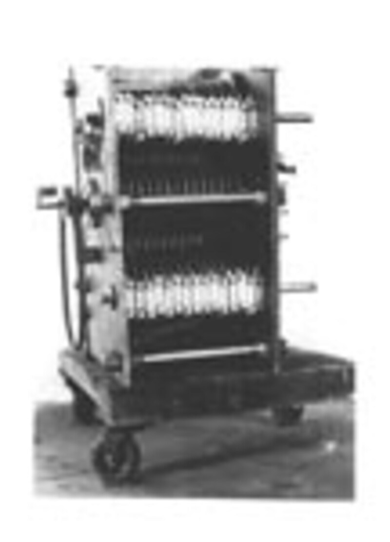 Figure 1 — The photoelectric sieve on a wheeled cart, in a photograph the Computer Museum's archive dates to about 1932. A label on the back reads "DH Lehmer First photoelectric sieve, 1932, as it appeared, a…