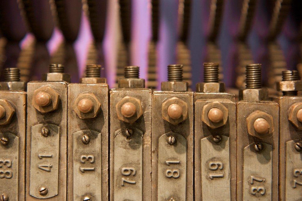 Figure 7 — Bearing blocks in the lower bank, labels upside down in this view: 41, 13, 79, 81, 19, 37. The block labelled 81 carries the gear for 3.