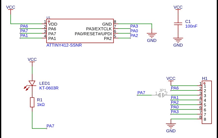 Figure 5 — Schematic of one Tiny Sieve modulus card: an ATtiny412, a 100 nF decoupling capacitor, an LED and 1 kΩ resistor on PA7, an 8-pin header carrying power, the I²C pair, REQ, VOTE and the UPDI programm…