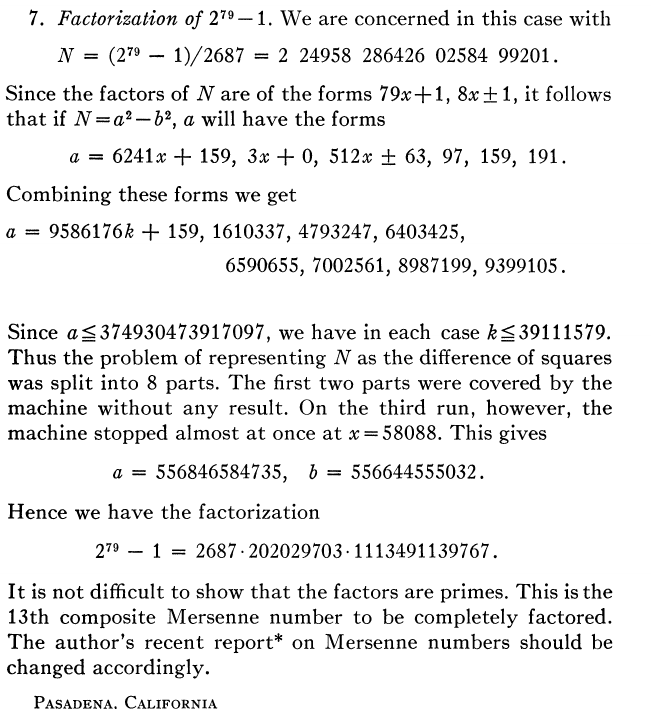 Figure 6 — D. H. Lehmer's own account of factoring 2⁷⁹ − 1 on the photoelectric gear sieve, from the Bulletin of the American Mathematical Society, February 1933. The constraints on the factors fix a to eight…
