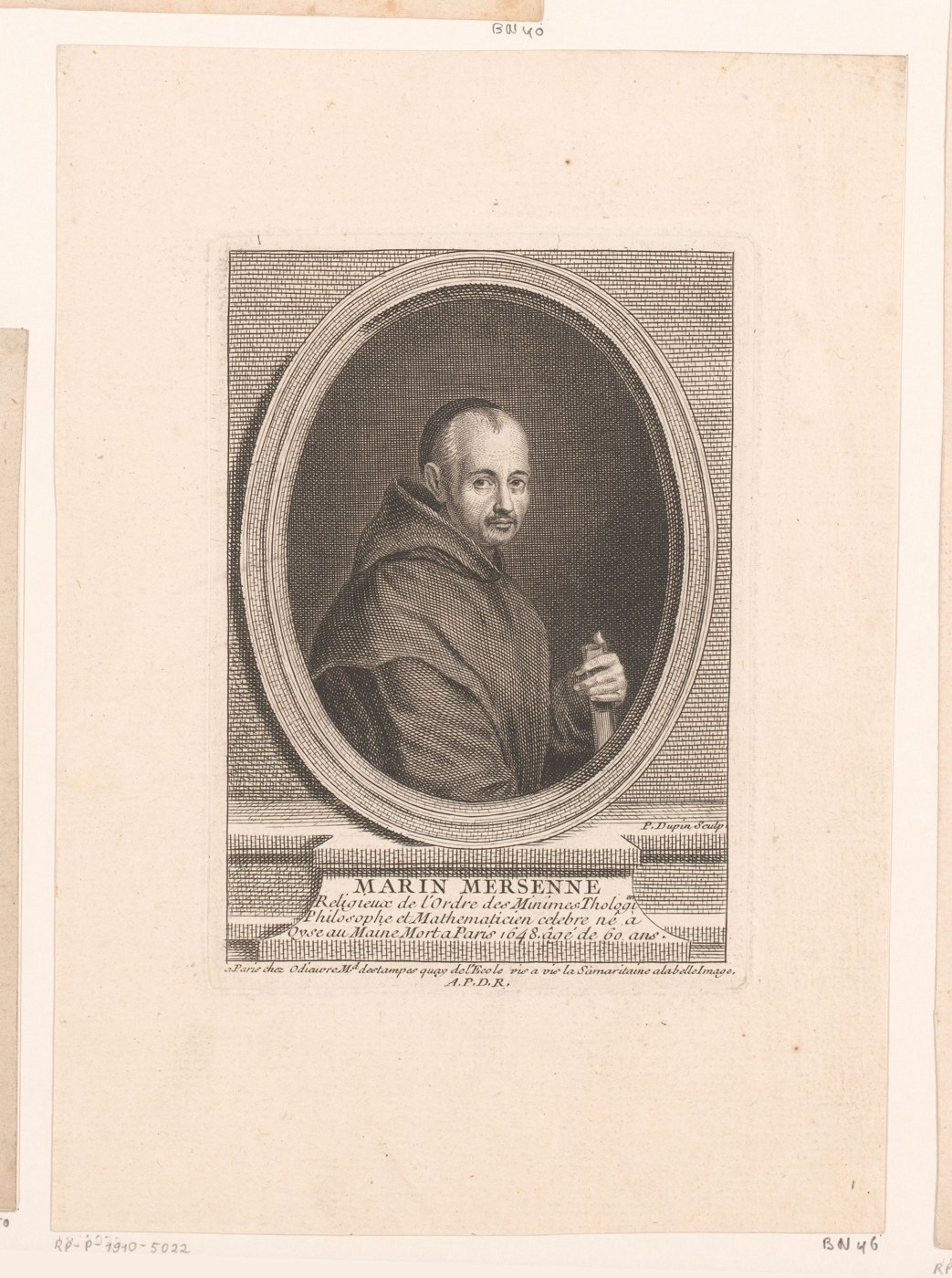 Figure 4 — Marin Mersenne (1588–1648), the Minim friar whose correspondence linked most of the mathematicians of his day. Fermat described his difference-of-squares factoring to him in 1643, and the numbers 2…