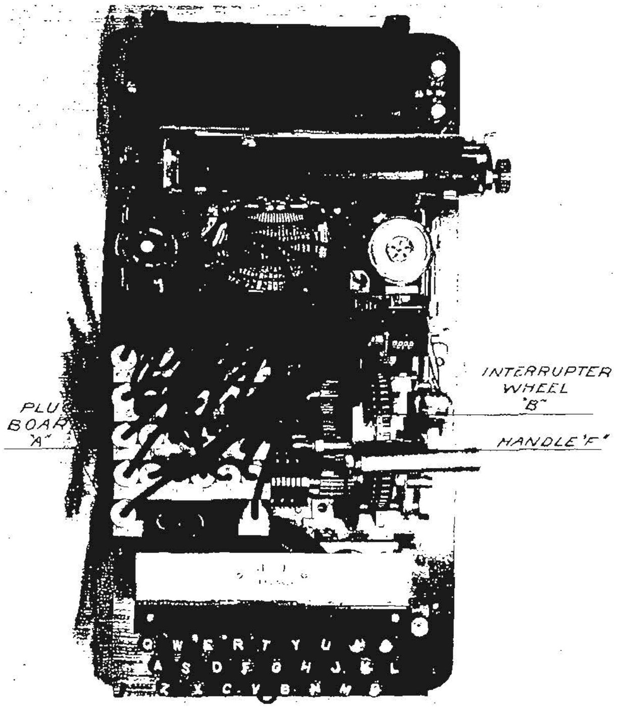 Figure 6 — "Analog of the Japanese M-3 (Red) Cipher Machine", the figure printed with the 1984-85 Cryptologic Quarterly history. Labels mark the plugboard ("A"), the interrupter wheel ("B") that reproduced th…