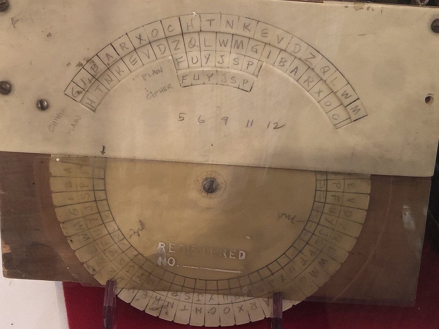 Figure 5 — A US paper analog of RED at the National Cryptologic Museum. Mixed alphabets on concentric scales are set against each other and moved by hand, one step per letter, reproducing the machine's substi…