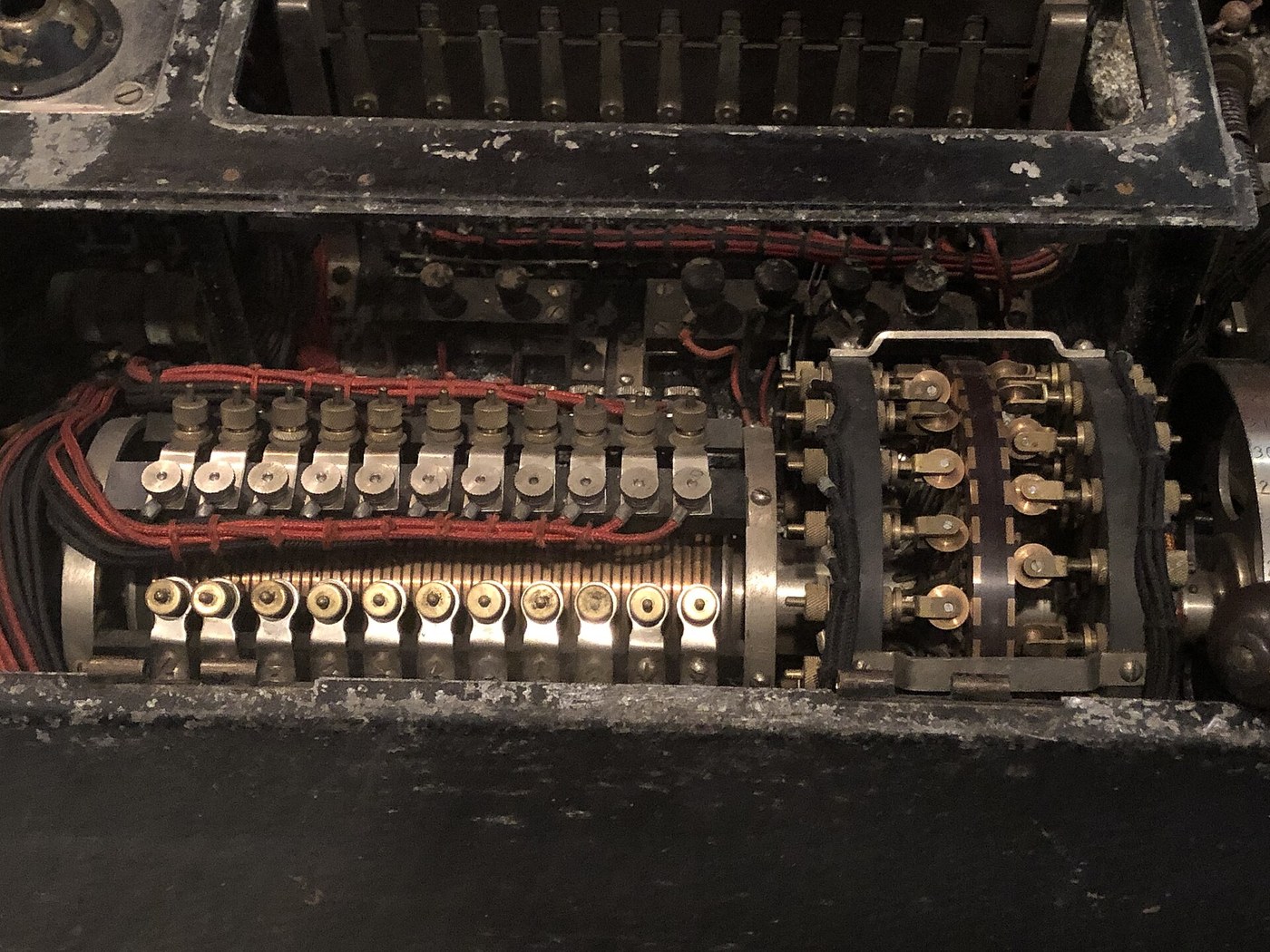 Figure 3 — Inside the Type 91 at the National Cryptologic Museum. The rows of spring contacts at the left and centre are the brushes and slip-ring connections that carry the 26 letter circuits into and out of…