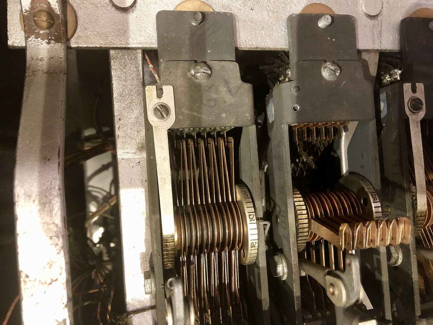 Figure 3 — Stepping switches inside PURPLE Analog No. 1 at the National Cryptologic Museum: commercial American six-level, 25-point telephone switches. In the SIS analog each twenties stage used four of these…