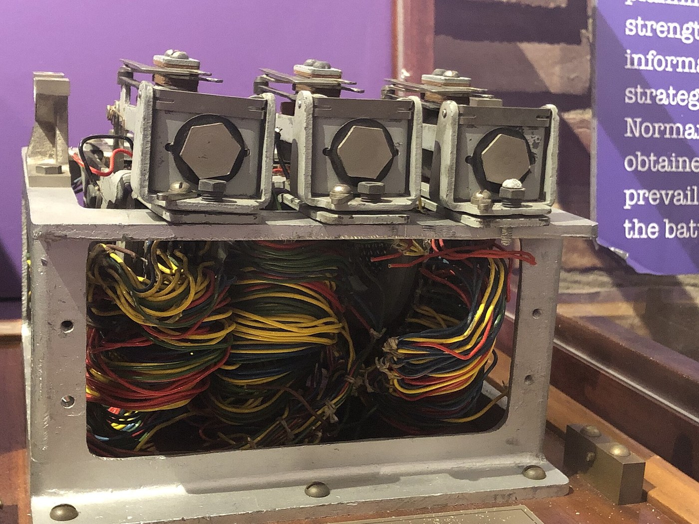 Figure 2 — The Berlin fragment from the front: three stepping switches side by side on one frame, their magnet covers on top and their strapping packed into the frame below. This is one twenties stage of a Ja…