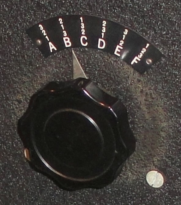 Figure 7 — The stepping-order selector on the US Army's improved PURPLE analog at the National Cryptologic Museum. Its six positions, lettered A to F, are each engraved with a motion; it is set here to "B 312…