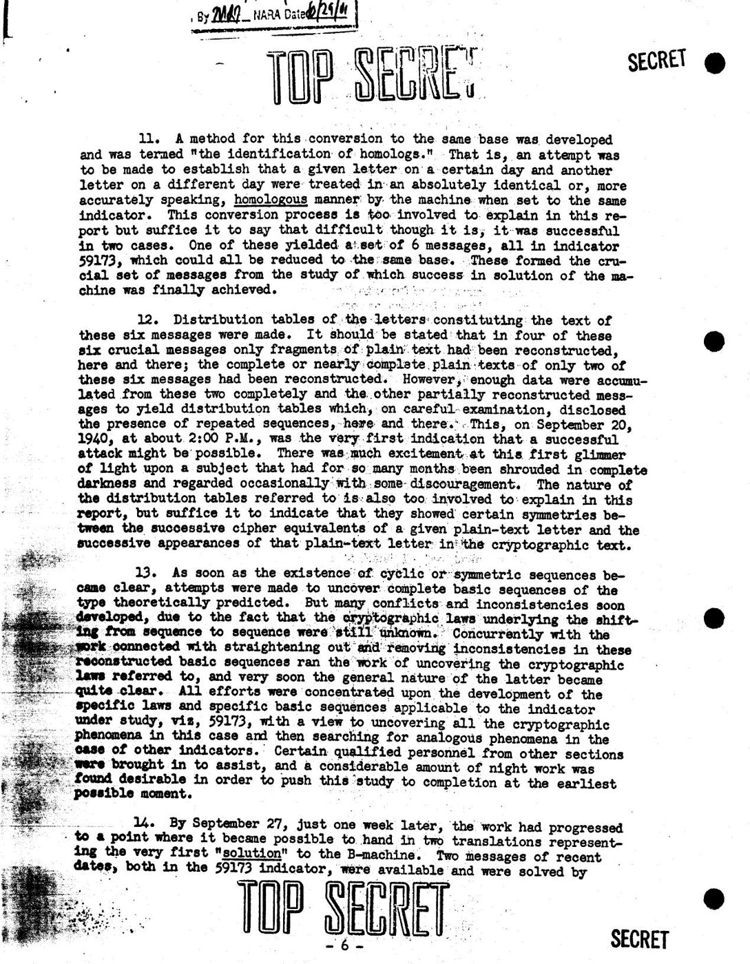 Figure 5 — Page 6 of Friedman's Preliminary Historical Report on the Solution of the "B" Machine, dated 14 October 1940, with the paragraph recording the first indication of success "on September 20, 1940, at…