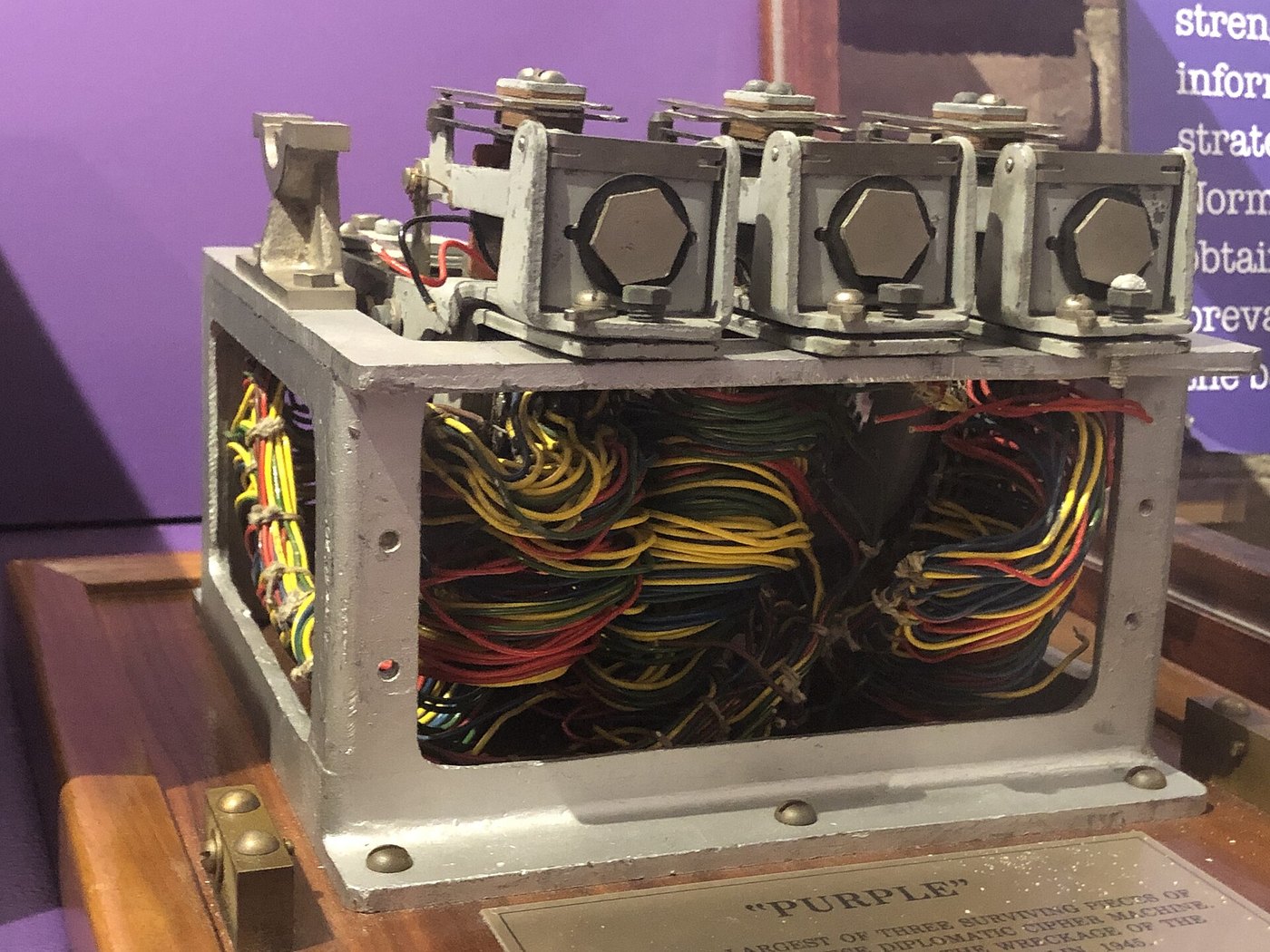 Figure 2 — The fragment from the front quarter. Each of the three switches has its own stepping magnet (the hexagonal caps along the top) and its own bank of contacts; underneath, the frame is packed with col…